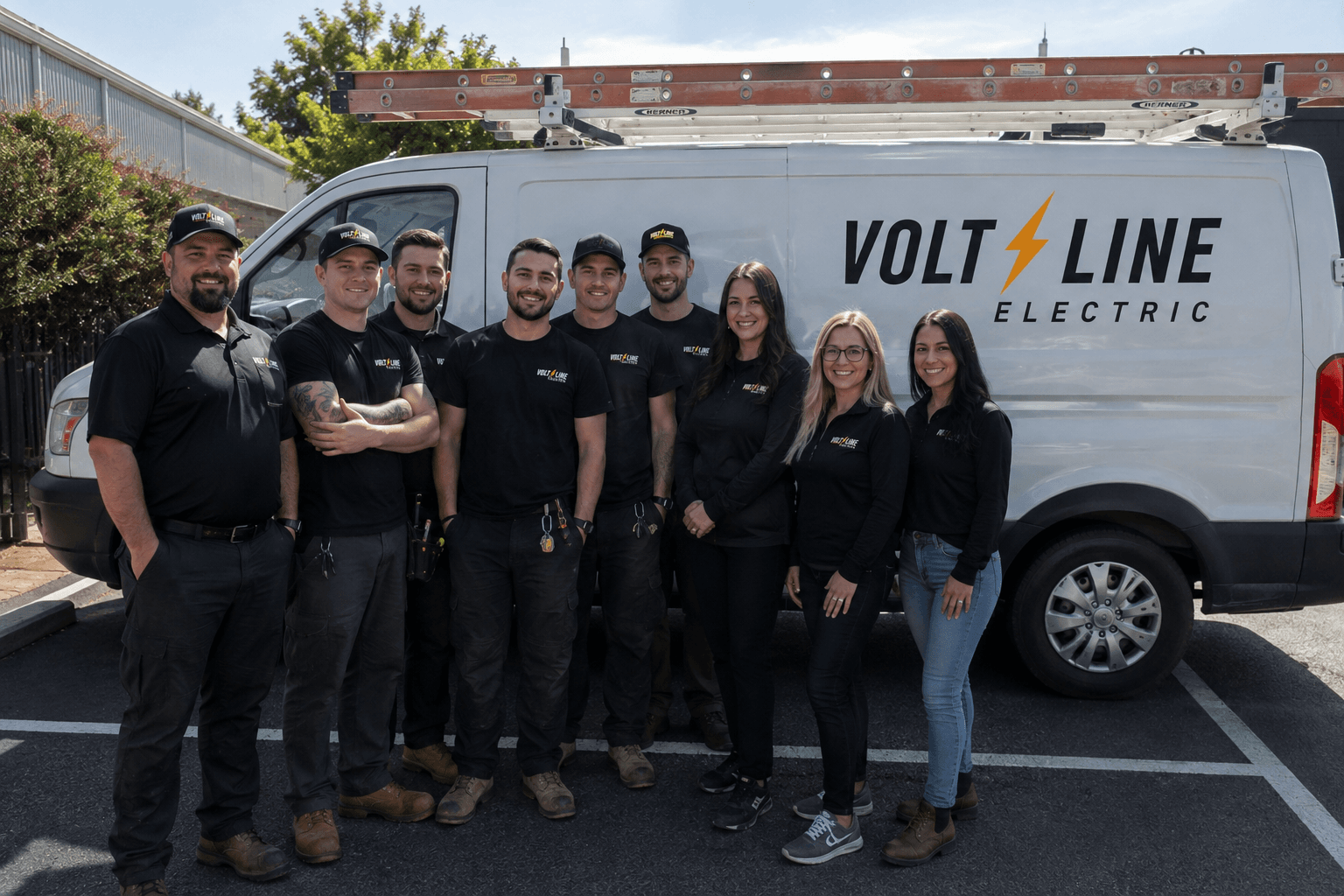 The Voltline Electric crew standing in front of a branded service van